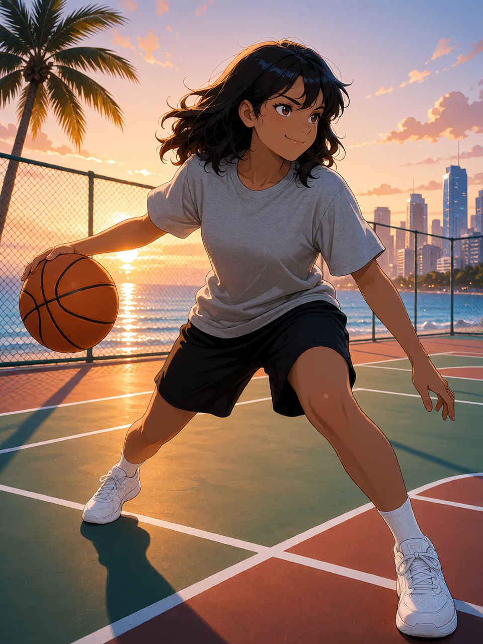 A young man with dark hair and a gray T-shirt dribbles a basketball on a seaside court at sunset, with palm trees and a city in the background.