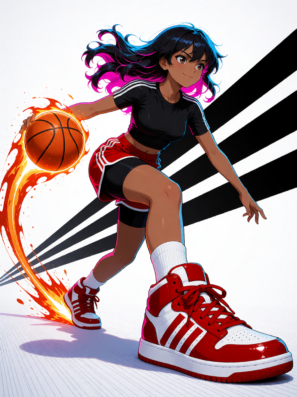 A young woman in a black sports top and red sports shorts, both with three stripes, dribbles a shiny basketball, with her red and white sneaker in the foreground.