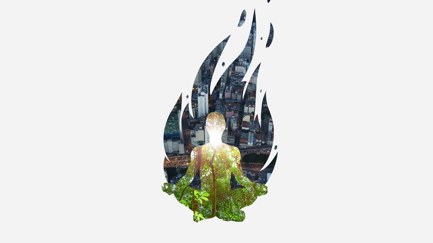 Collage of a meditating figure filled with forest, set inside a flame filled with a city seen from above.