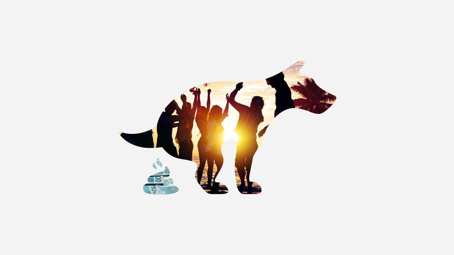Collage of a dog silhouette filled with people dancing at sunset, beside a small pile made of banknotes.