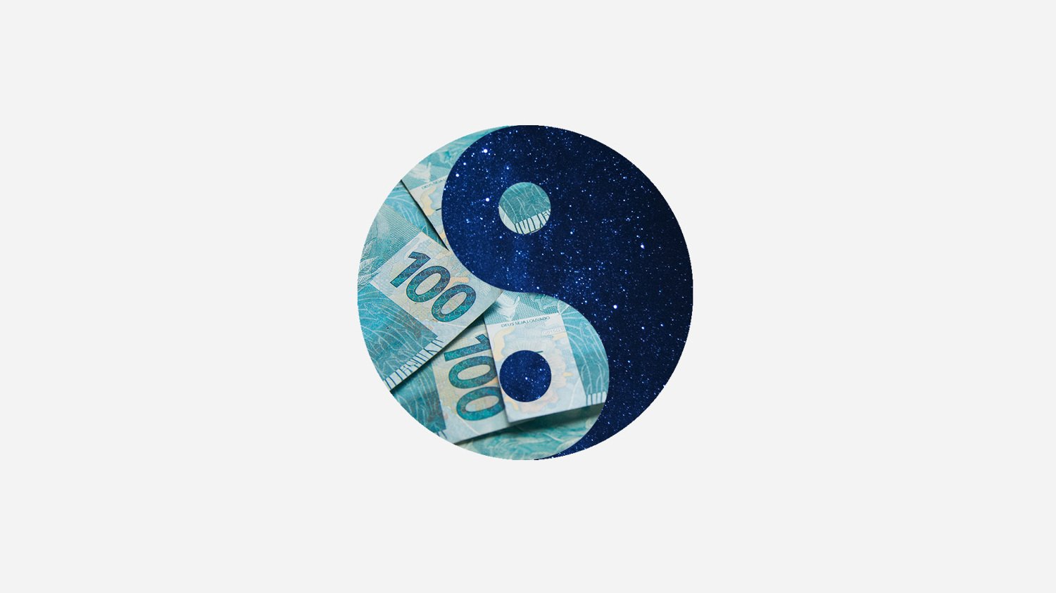 Collage of a yin-yang symbol: one half filled with banknotes, the other with a starry night sky.