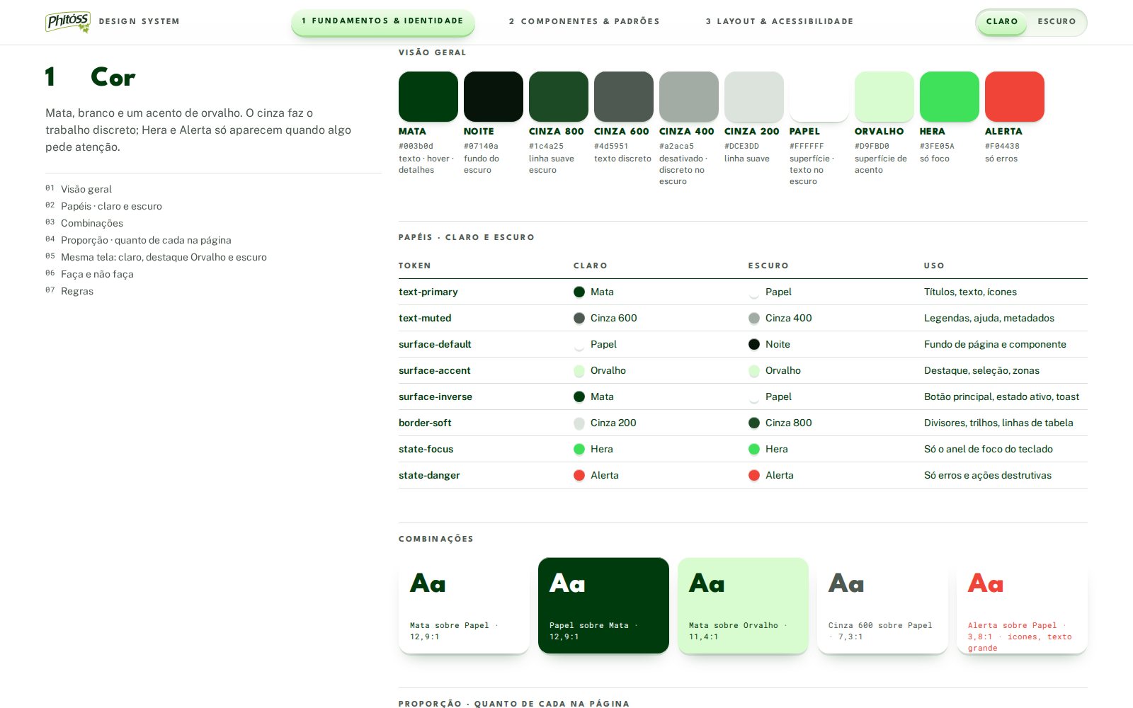 Phitóss Design System, section 1 Color: brand greens with their light and dark roles