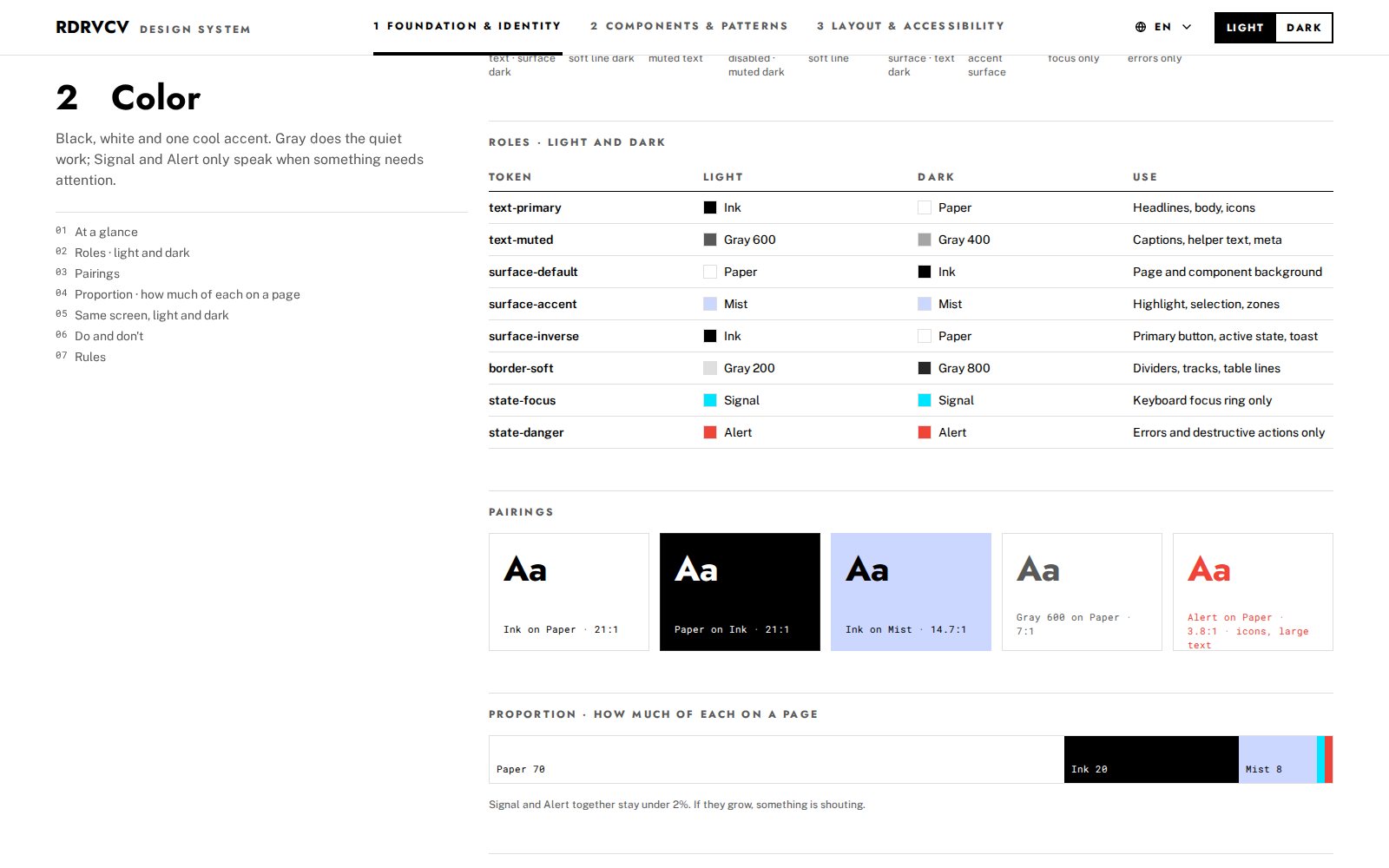RDRVCV Design System, section 2 Color: roles in light and dark and color pairings