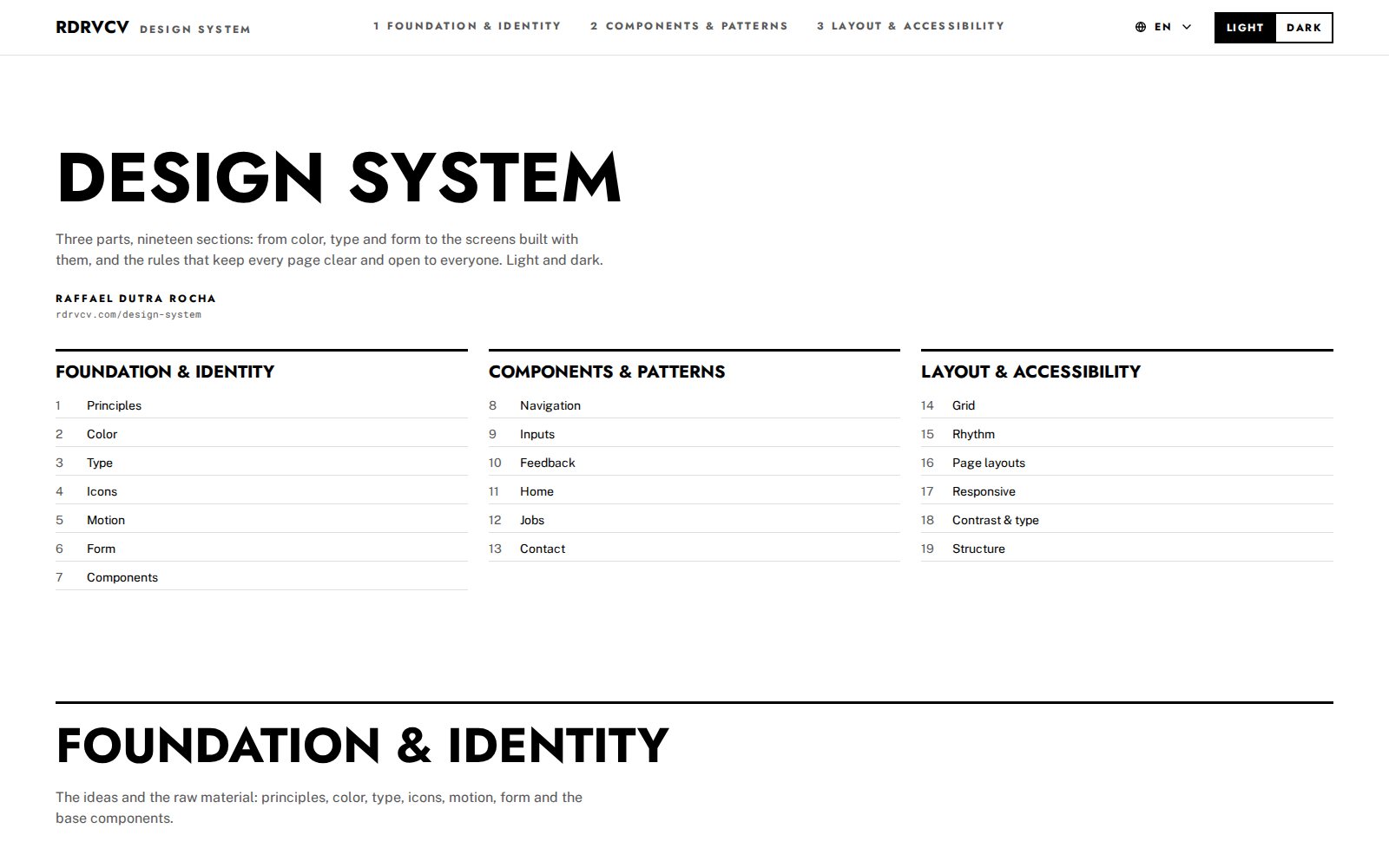 RDRVCV Design System cover: index of the three parts and nineteen sections