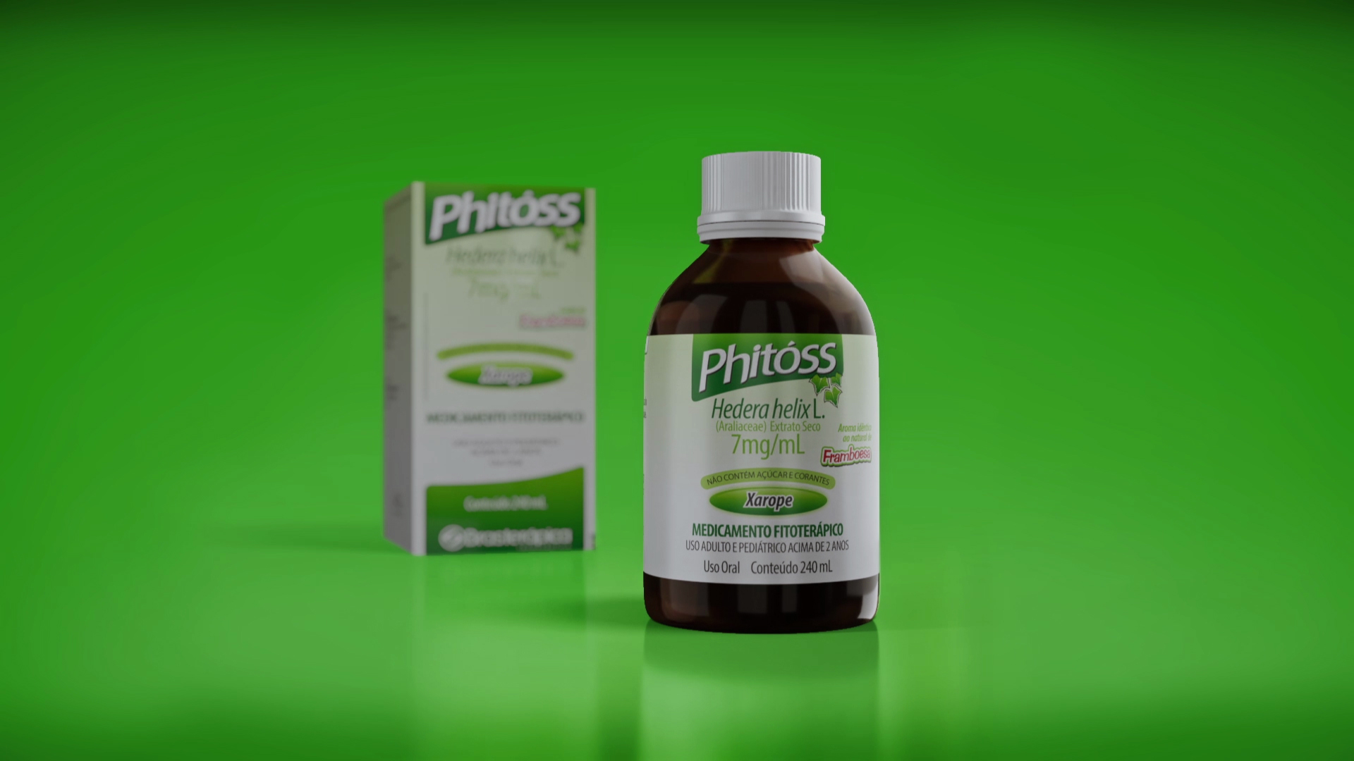 Phitóss herbal syrup bottle and box on a bright green background, in a frame from the launch campaign.
