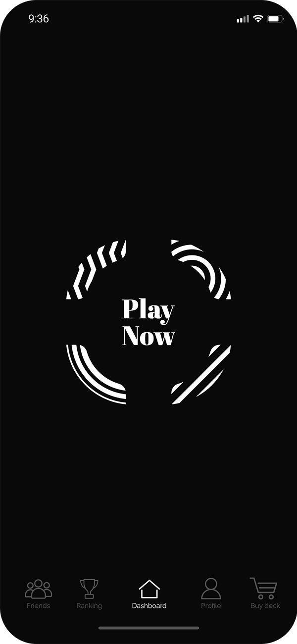 Mobile app home screen with a black background and a Play Now button inside a circular black and white pattern.