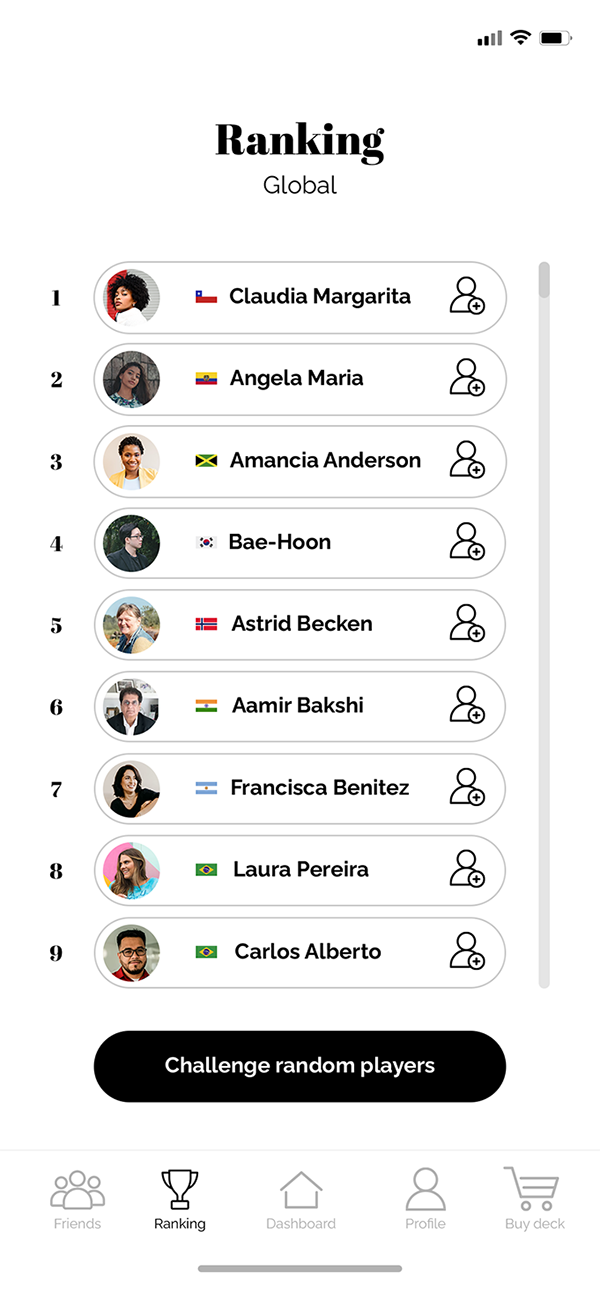 Mobile app screen with a global ranking of players with country flags and a button to challenge random players.