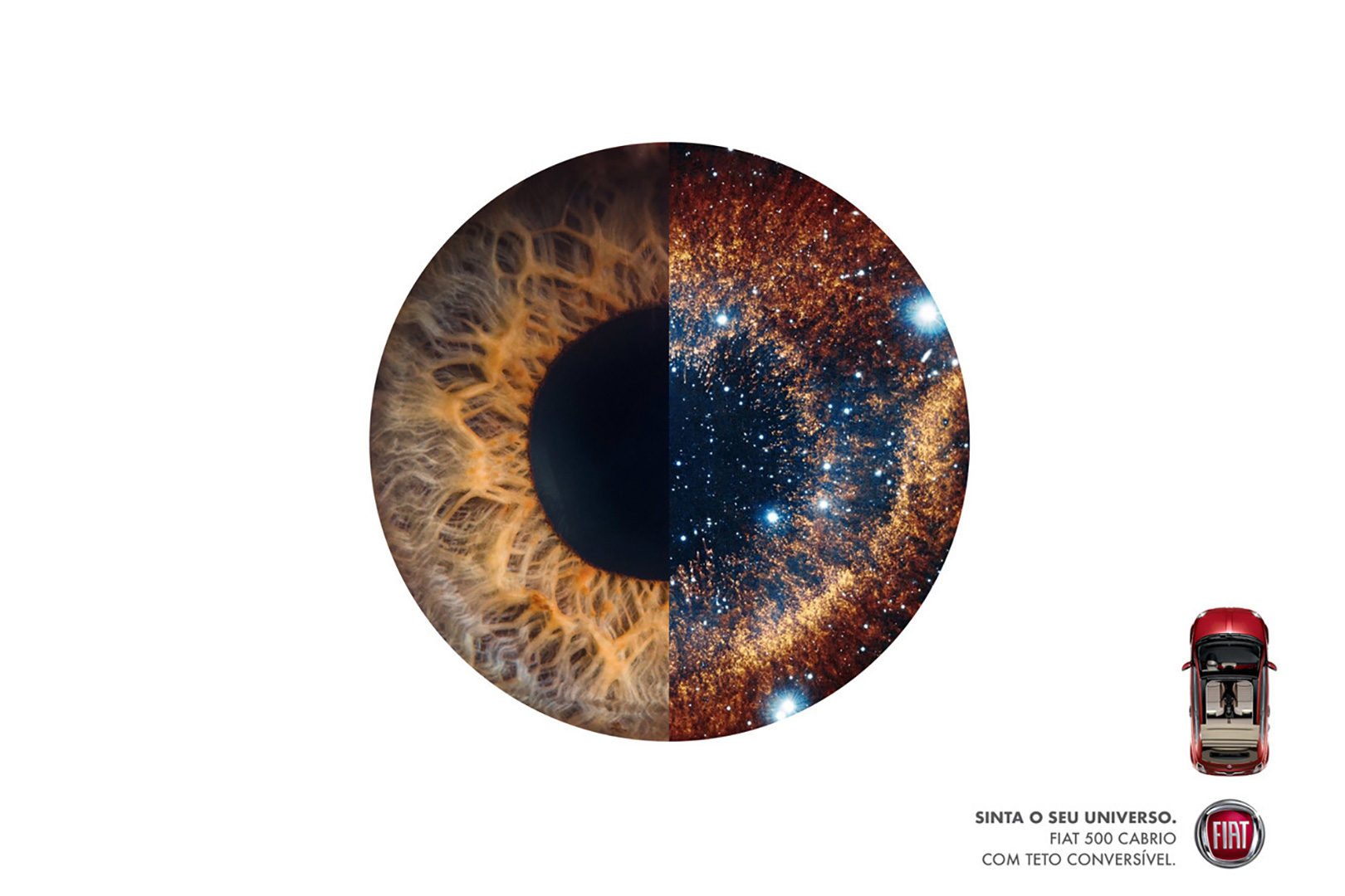 Print ad for the Fiat 500 convertible: a circle that is half human eye and half galaxy, with a small red car beside it.