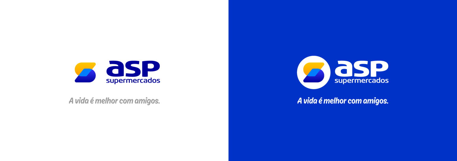 ASP Supermercados logo on white and on blue, with the tagline "A vida é melhor com amigos."