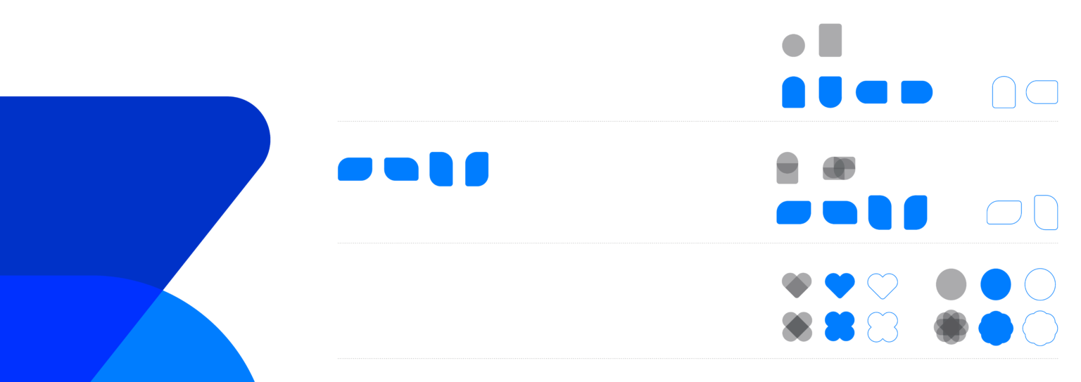 ASP brand shape in blue next to a grid of simple icon shapes in solid, outline and tinted versions.