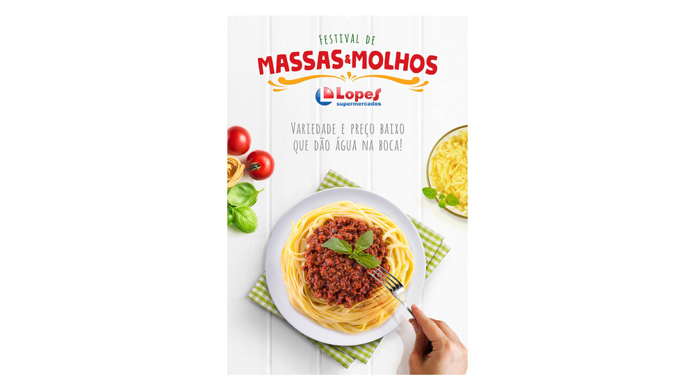 Lopes Supermercados poster for a pasta and sauces festival, with a plate of spaghetti bolognese seen from above.