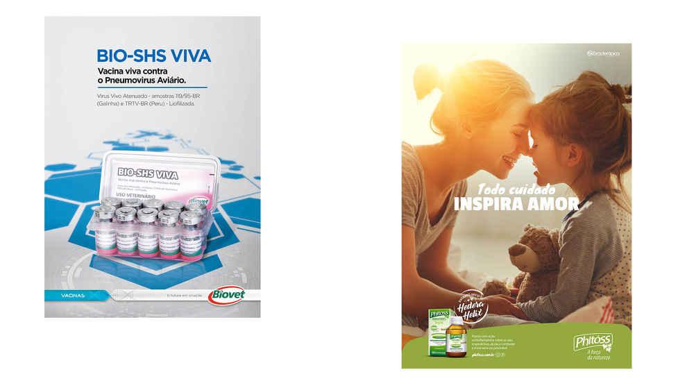 Two layouts: a Biovet vaccine ad with vials on a blue hexagon pattern, and a Phitóss poster of a mother and daughter touching foreheads.