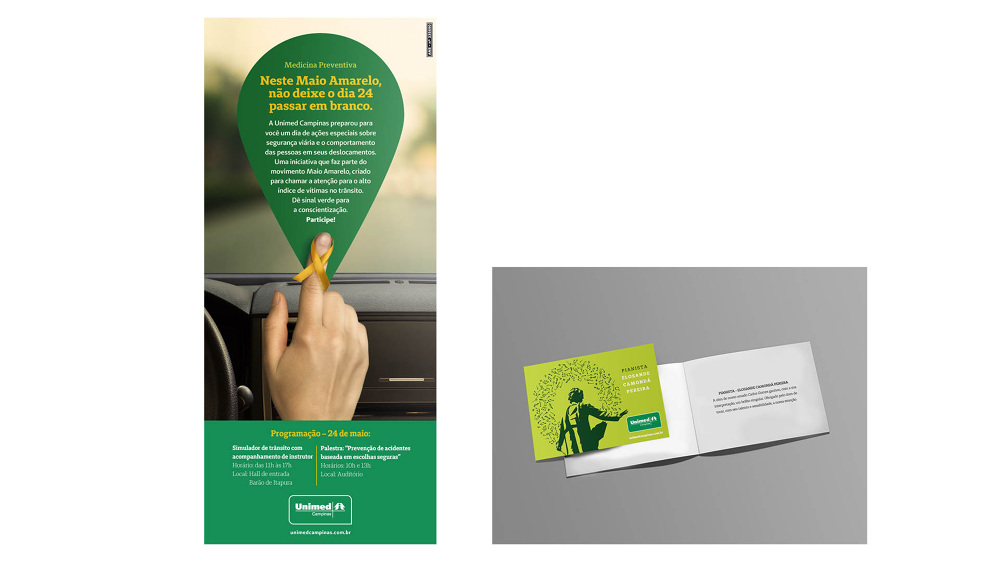 Two pieces: a Unimed Campinas road-safety poster for Yellow May with a hand on a car dashboard, and an open green brochure.