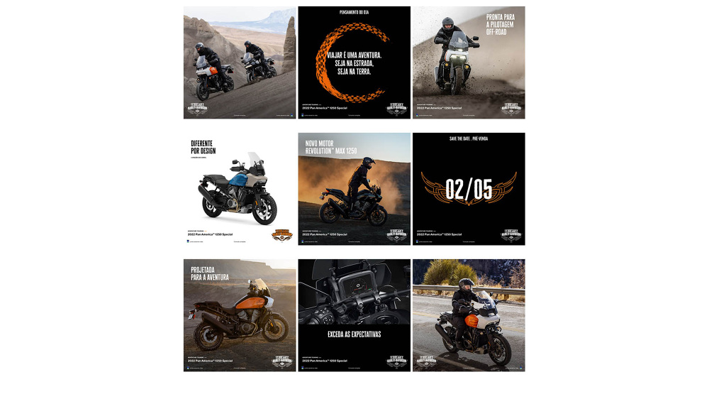 Grid of nine social media posts for a motorcycle dealership, with adventure bikes in orange and black.
