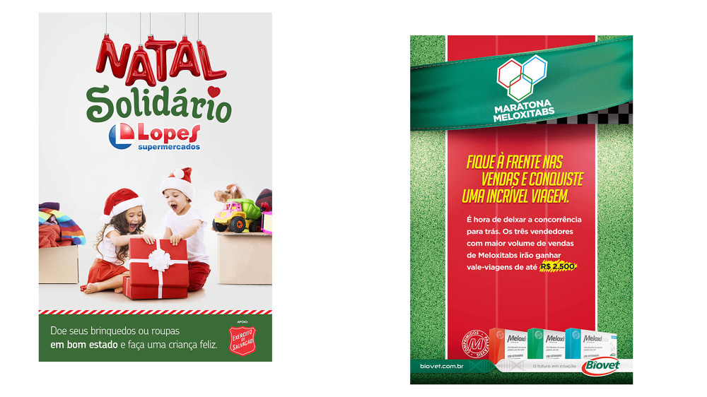 Two layouts: a Lopes Supermercados solidarity Christmas poster with two children opening a gift, and a Biovet sales contest poster.